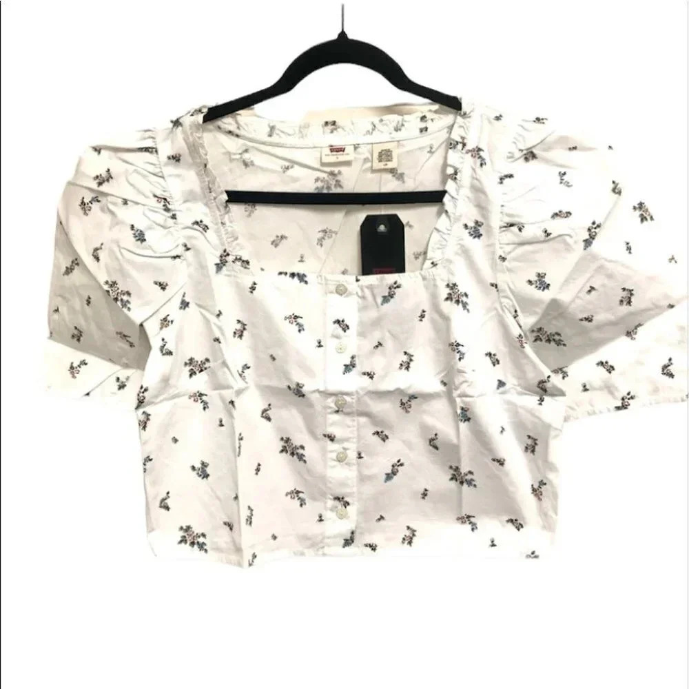 Levi's White Cloud Dancer Crop Floral Puff Sleeve Square Neck Top Size L NWT